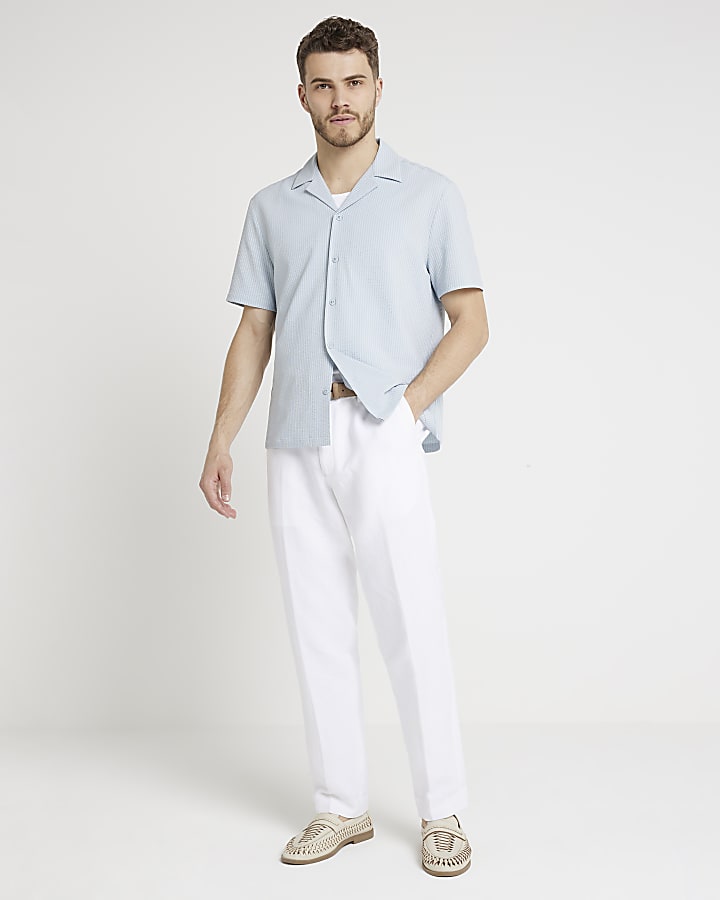 Blue regular fit seersucker revere shirt