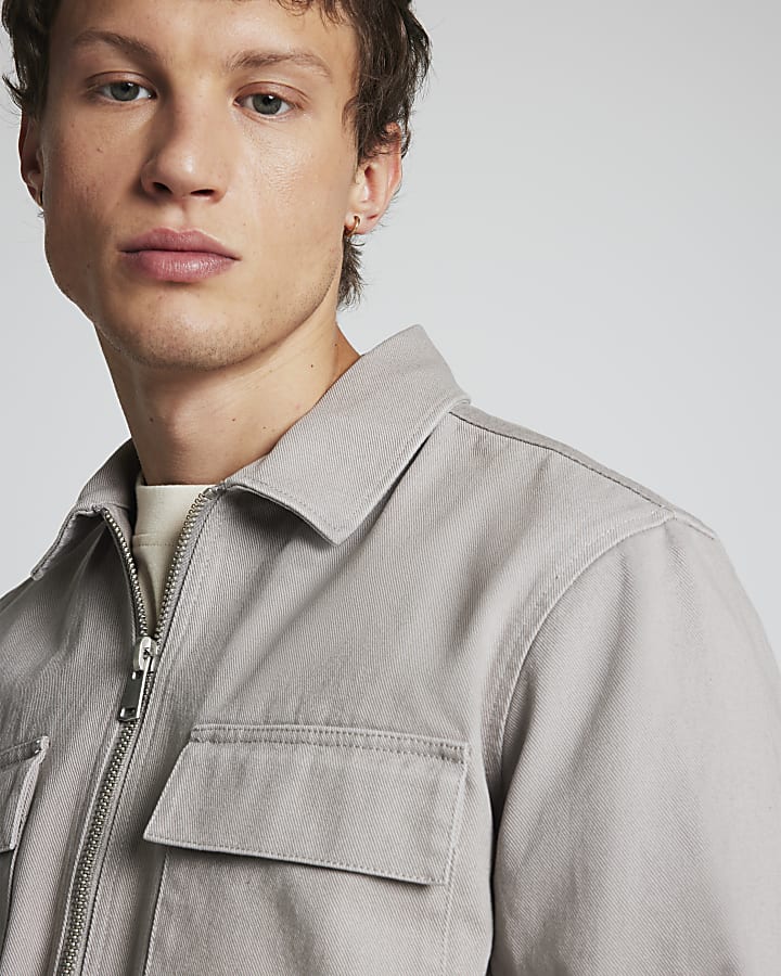 Grey textured zip up overshirt