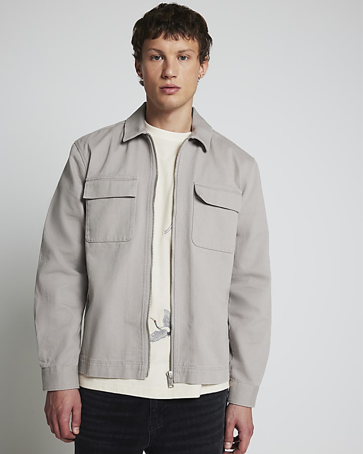 Grey textured zip up overshirt