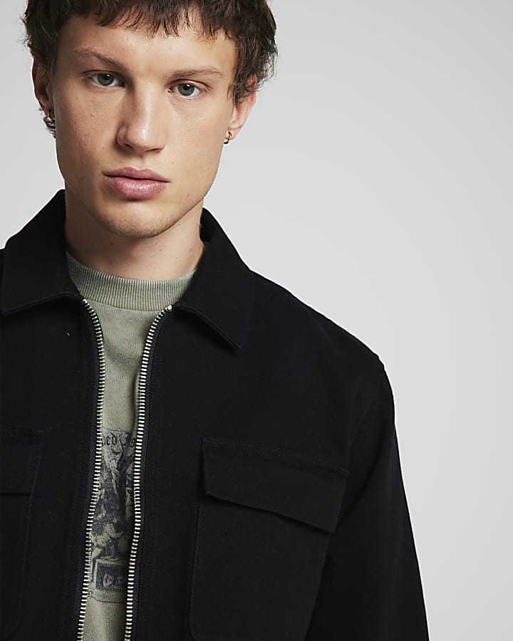 Black textured zip up overshirt