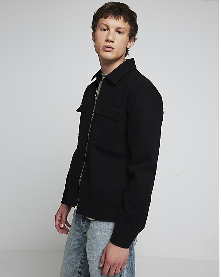 Black textured zip up overshirt