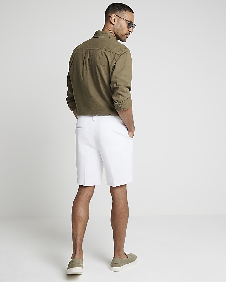 White slim fit linen blend shorts