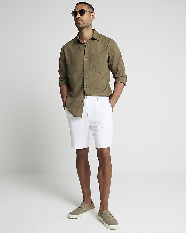 White slim fit linen blend shorts