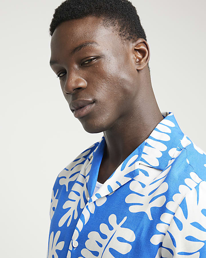 Blue regular fit tropical leaf shirt