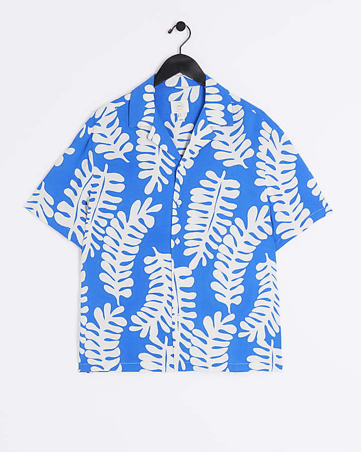 Blue regular fit tropical leaf shirt