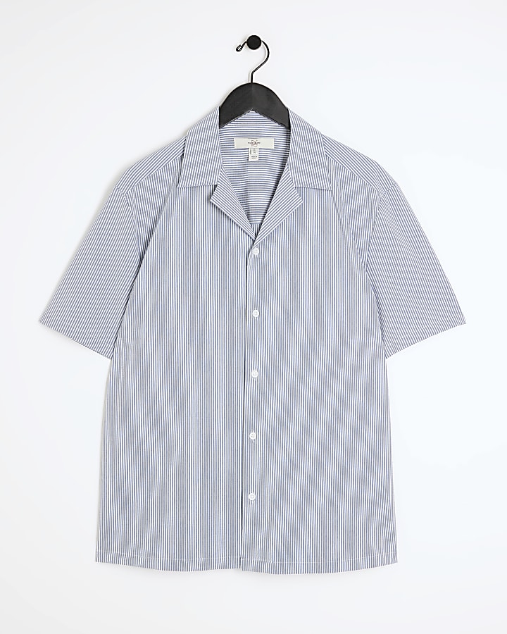 Blue regular fit stripe seersucker shirt