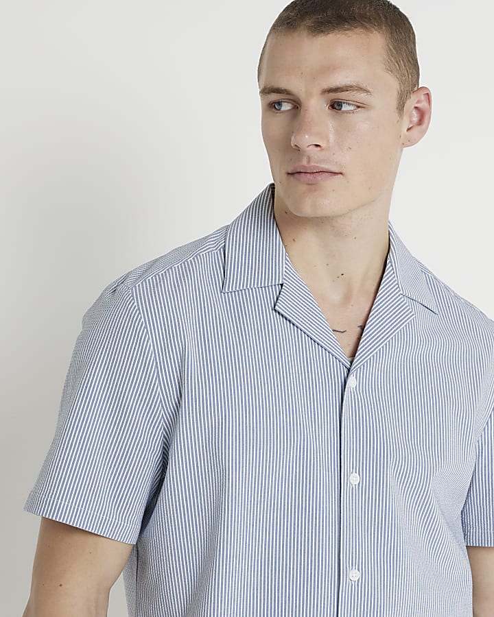 Blue regular fit stripe seersucker shirt