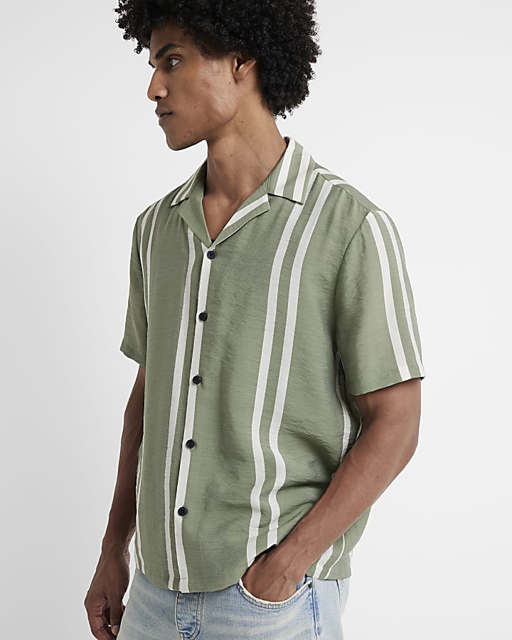 Green regular fit stripe revere shirt