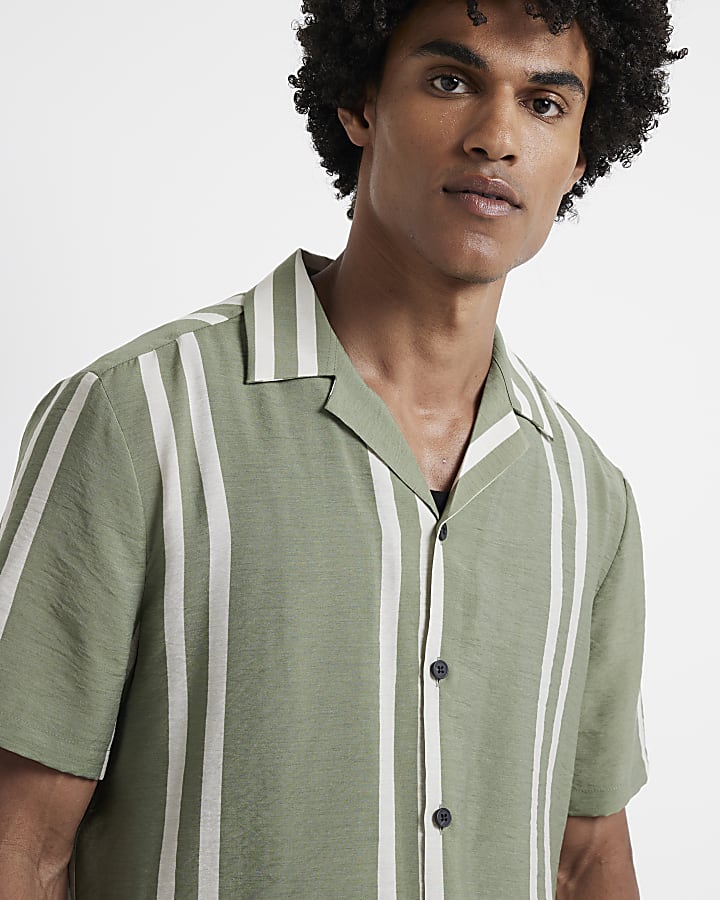 Green regular fit stripe revere shirt