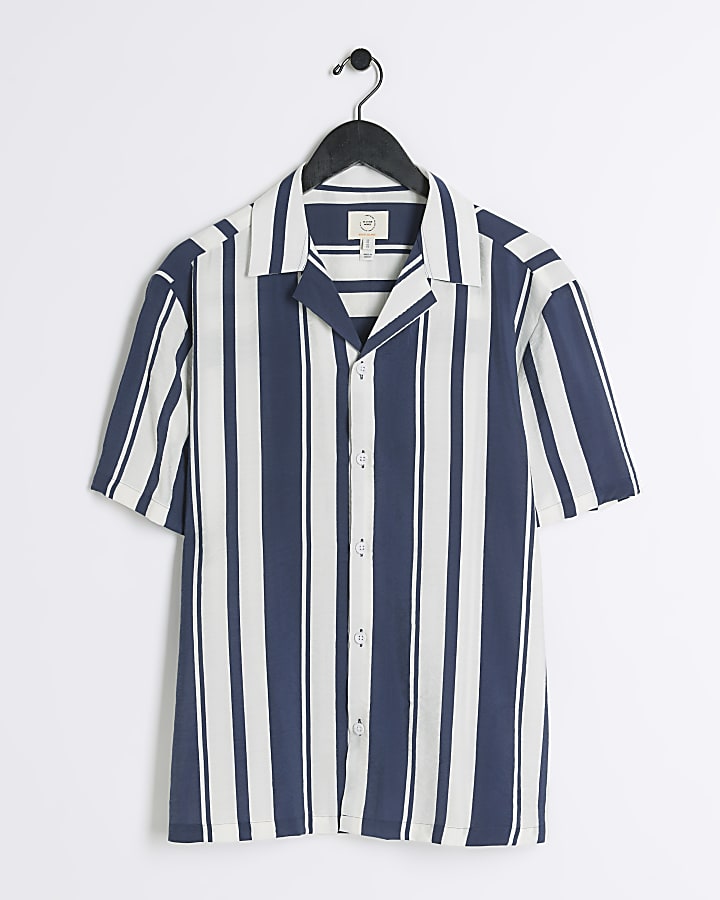 Navy regular fit stripe revere shirt