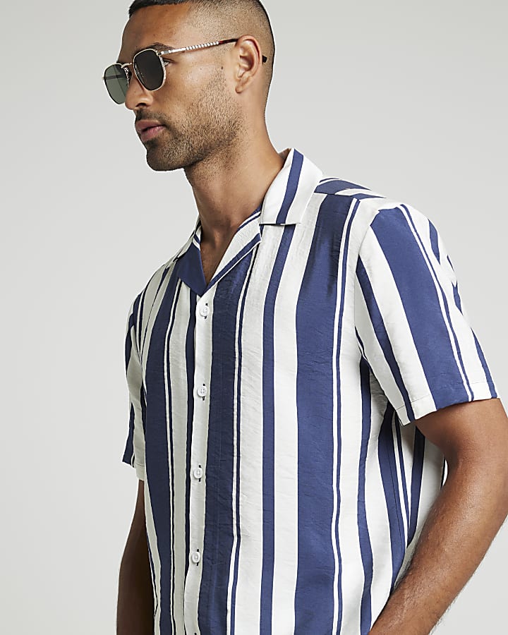 Navy regular fit stripe revere shirt