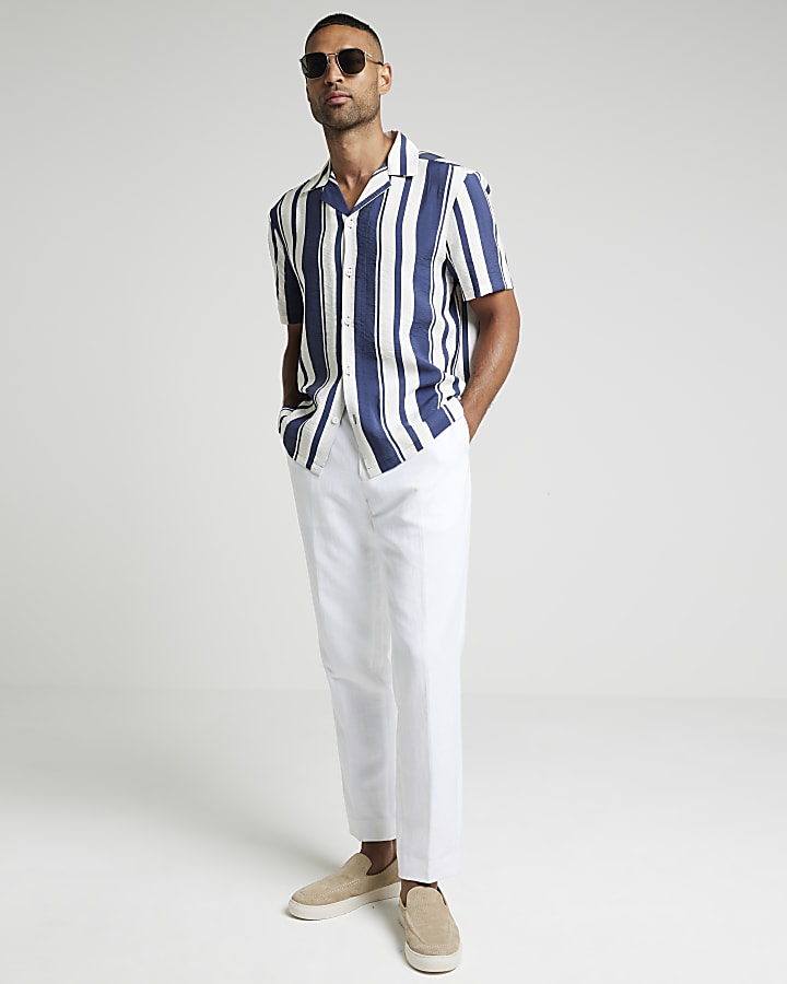 Navy regular fit stripe revere shirt