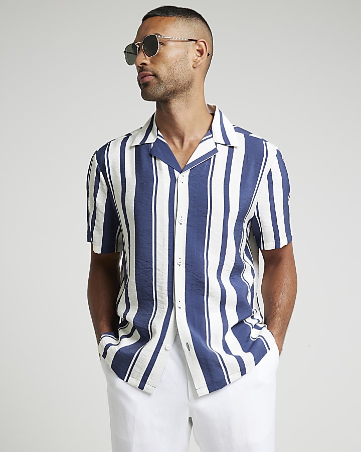 Navy regular fit stripe revere shirt