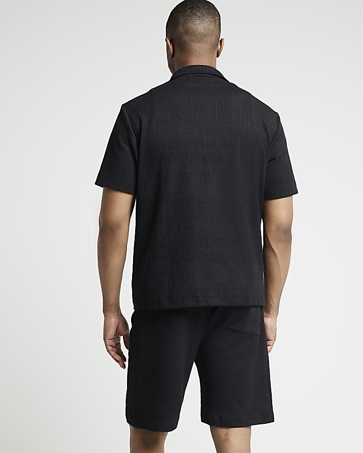 Black regular fit plisse revere shirt