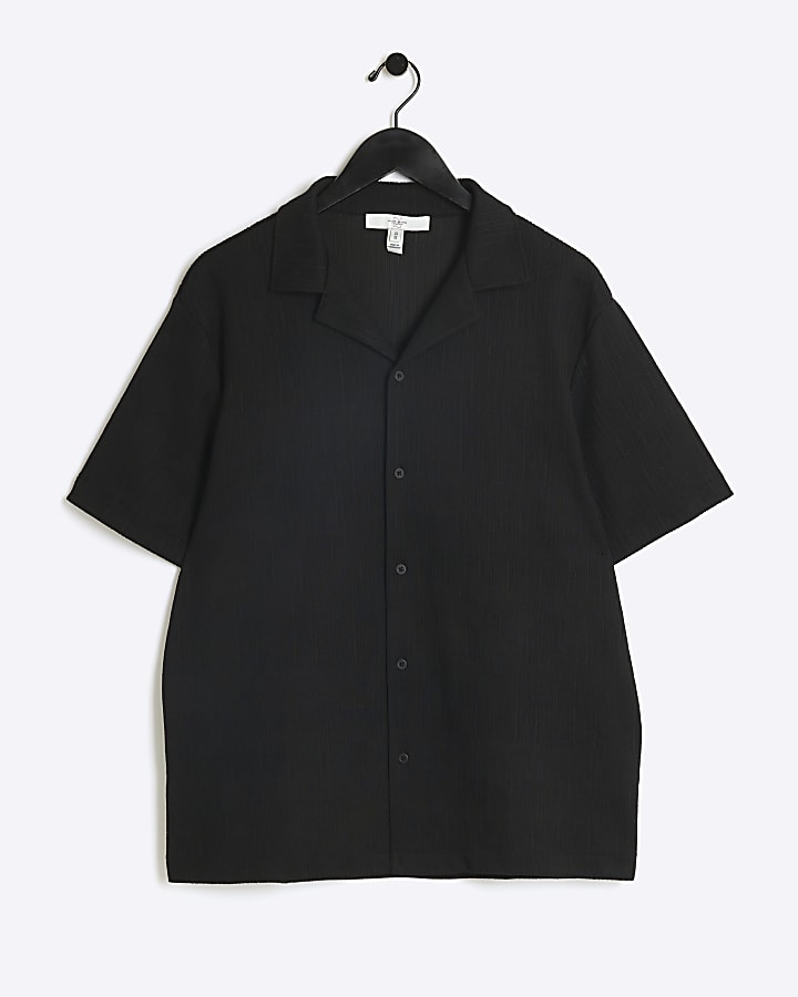 Black regular fit plisse revere shirt