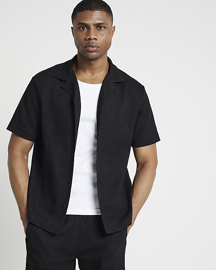 Black regular fit plisse revere shirt