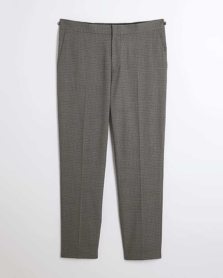 Brown Slim Fit Check Suit Trousers