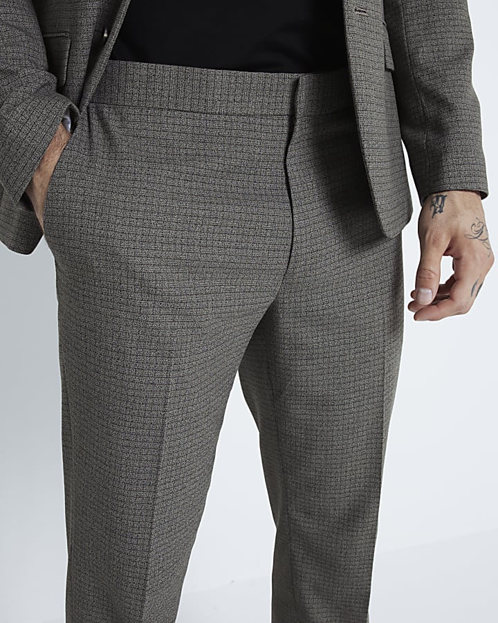 Brown Slim Fit Check Suit Trousers