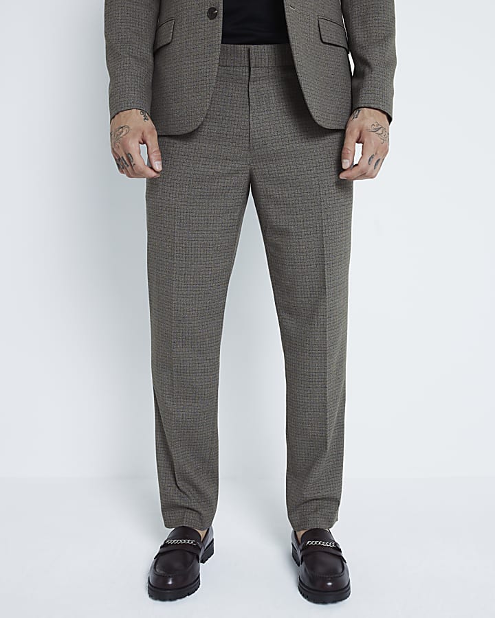 Brown Slim Fit Check Suit Trousers