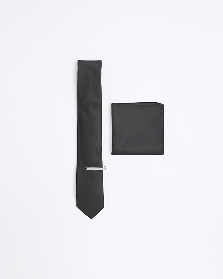 Black herringbone tie and handkerchief set