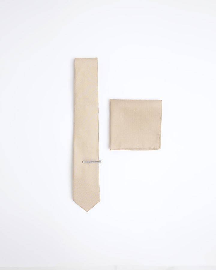 Beige herringbone tie and handkerchief set