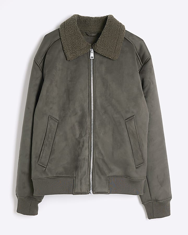 Khaki Regular fit Shearling Bomber Jacket