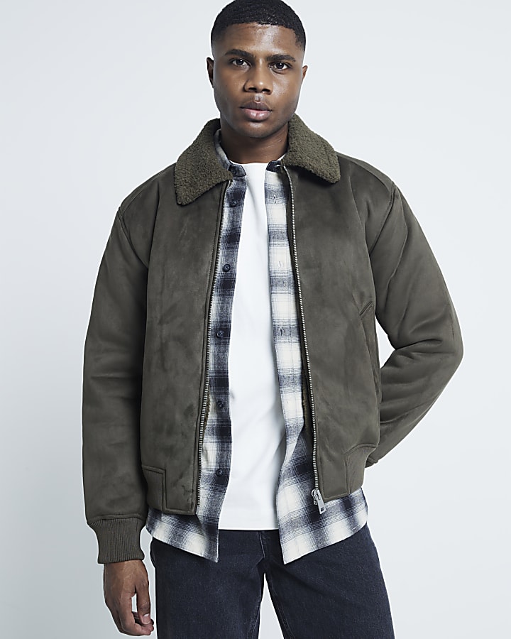 Khaki Regular fit Shearling Bomber Jacket