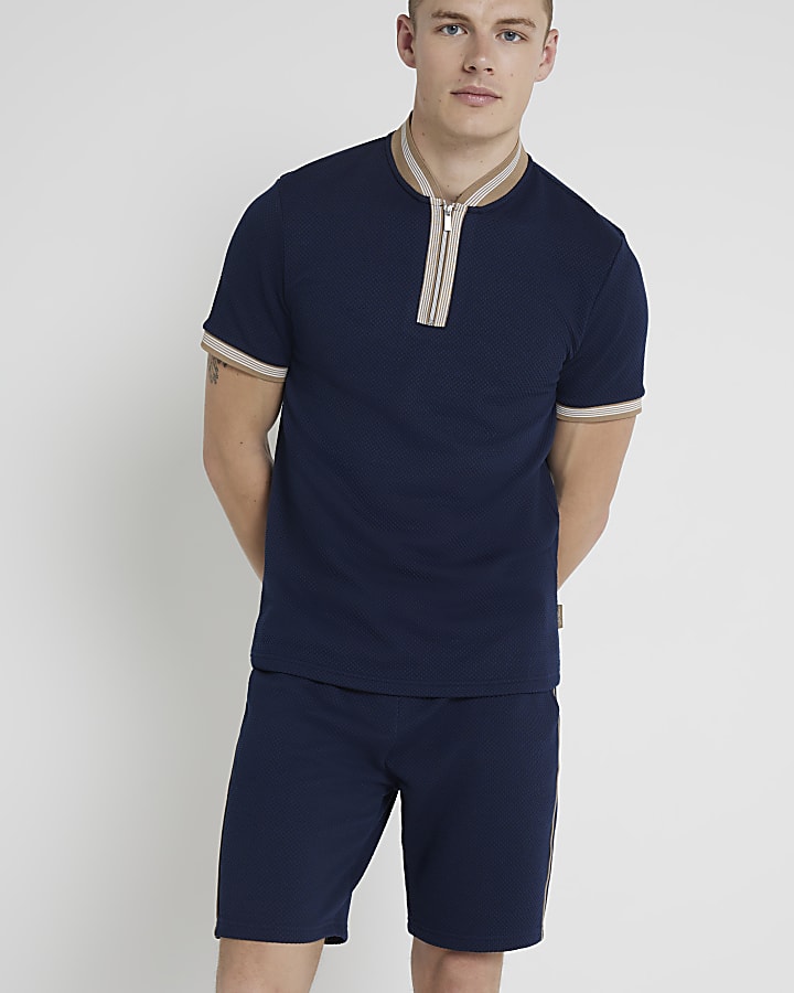 Navy slim fit textured shorts