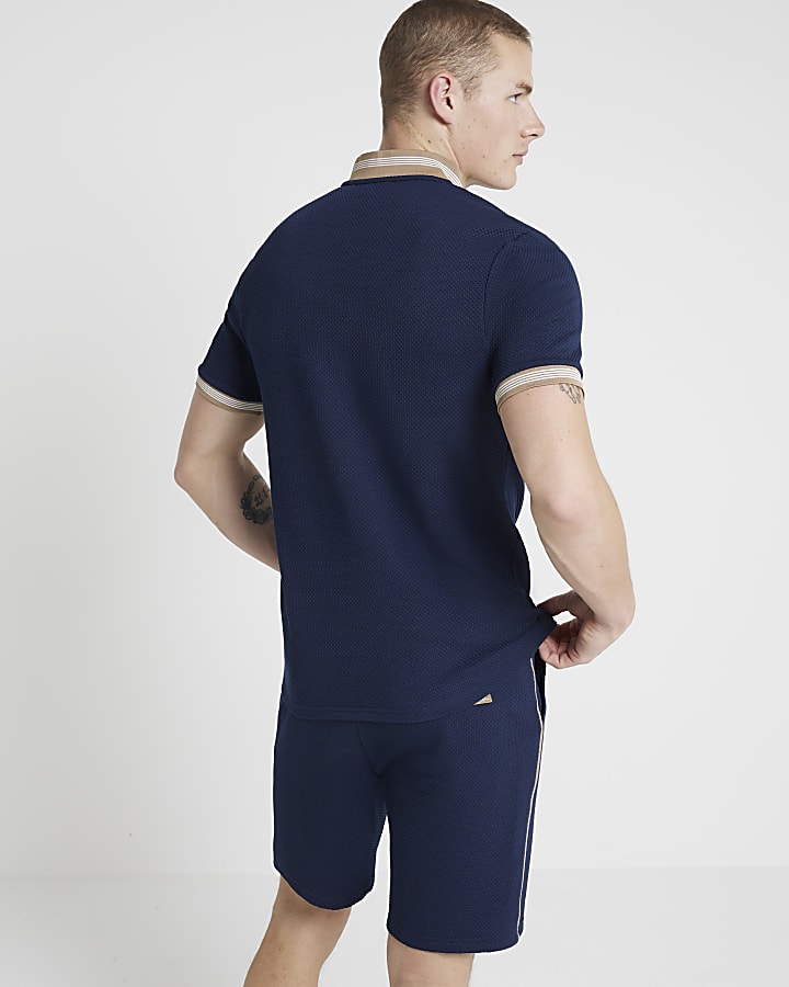 Navy slim fit textured shorts