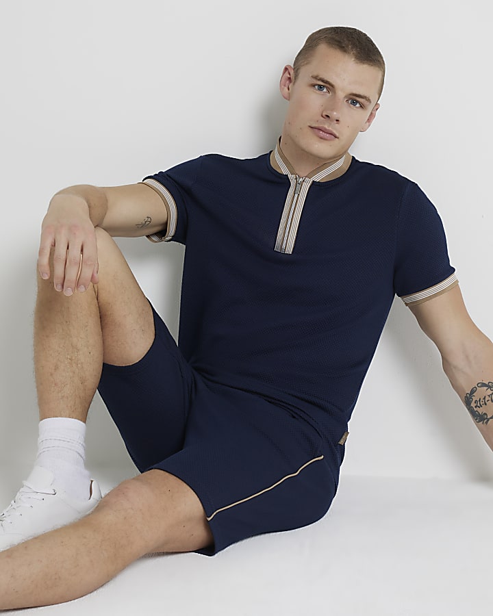 Navy slim fit textured shorts