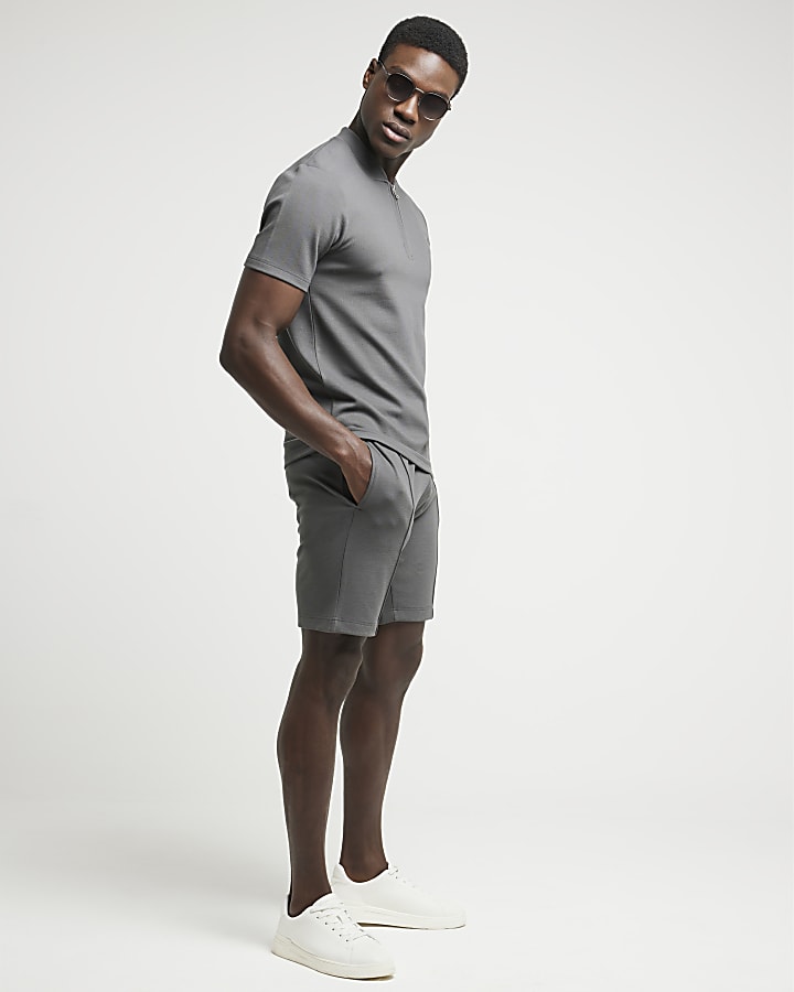 Grey slim fit textured shorts