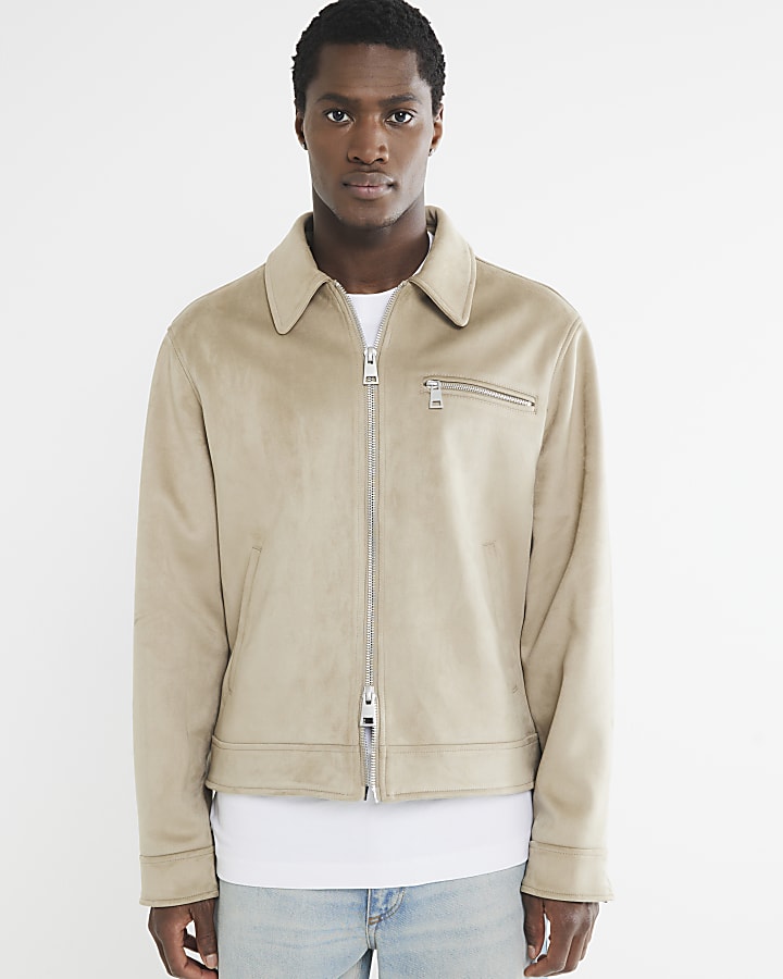 Stone Suedette Zip Jacket