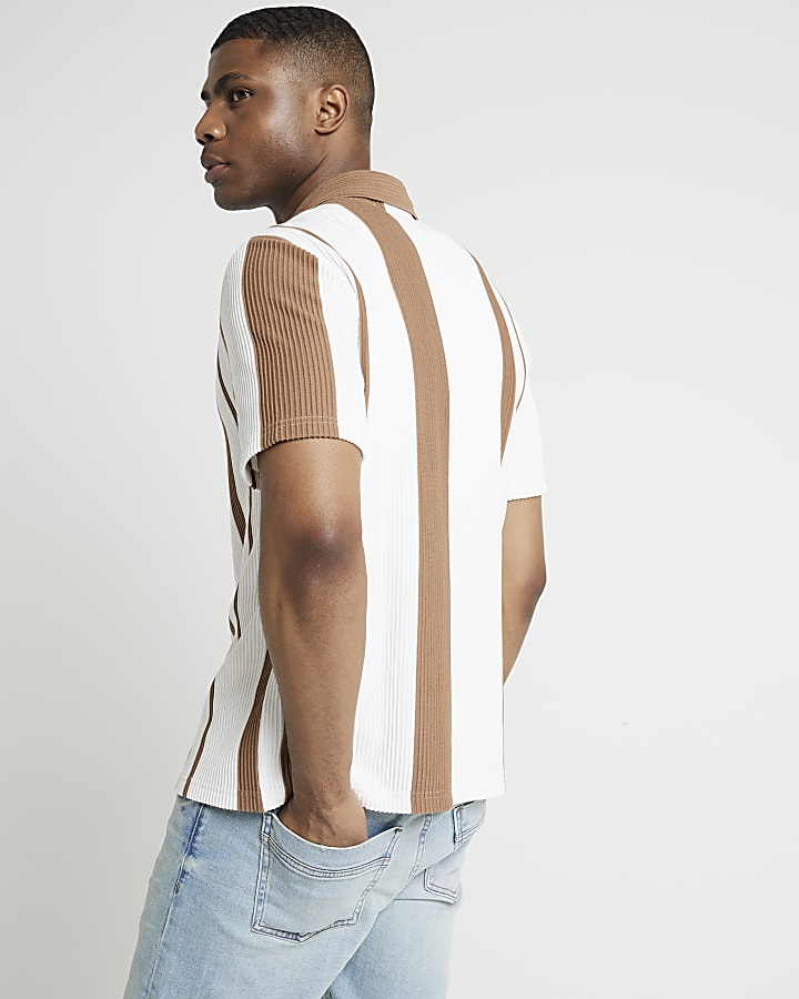 Brown regular fit stripe revere shirt