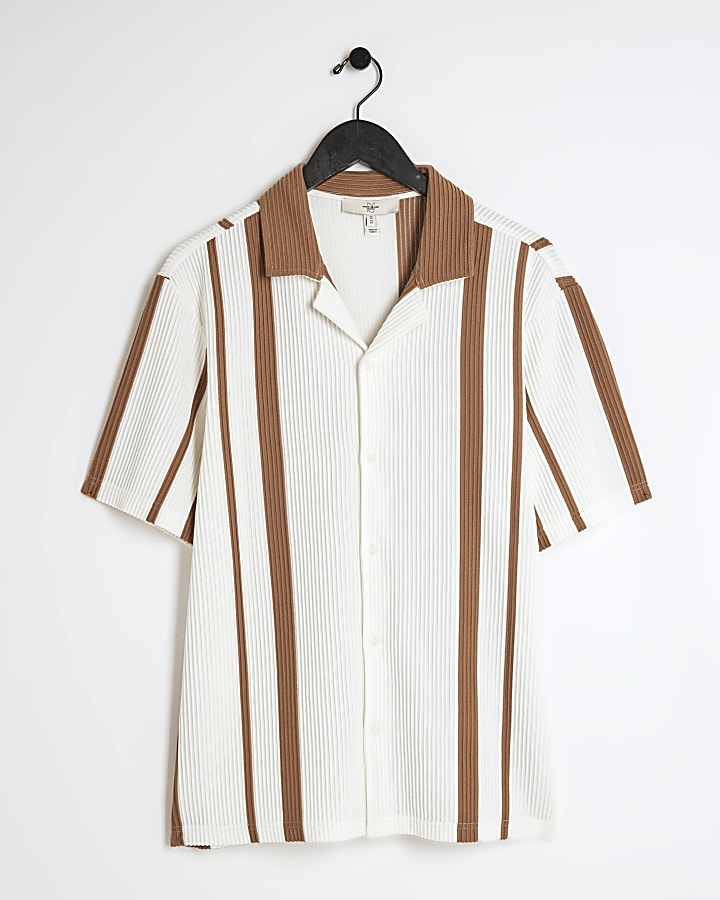 Brown regular fit stripe revere shirt