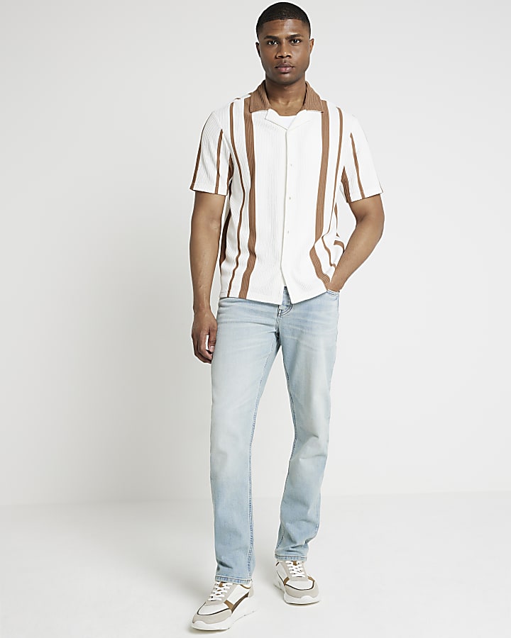 Brown regular fit stripe revere shirt