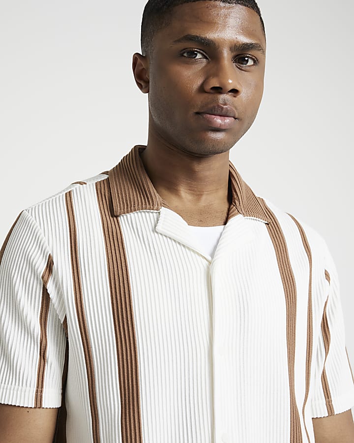 Brown regular fit stripe revere shirt