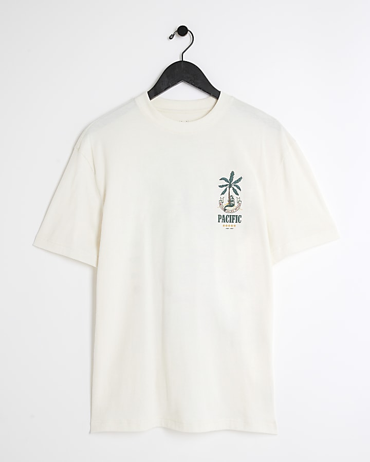 Beige regular fit palm tree graphic t-shirt