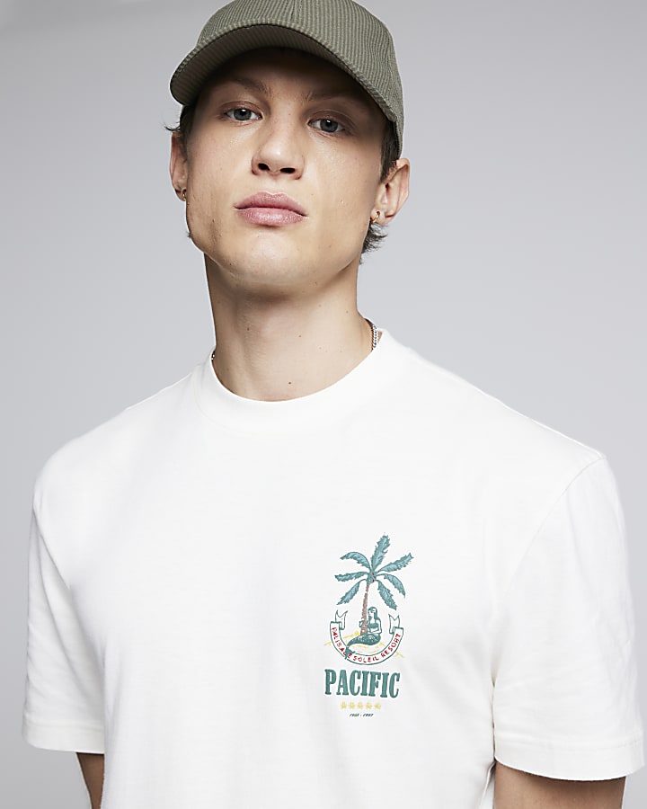 Beige regular fit palm tree graphic t-shirt