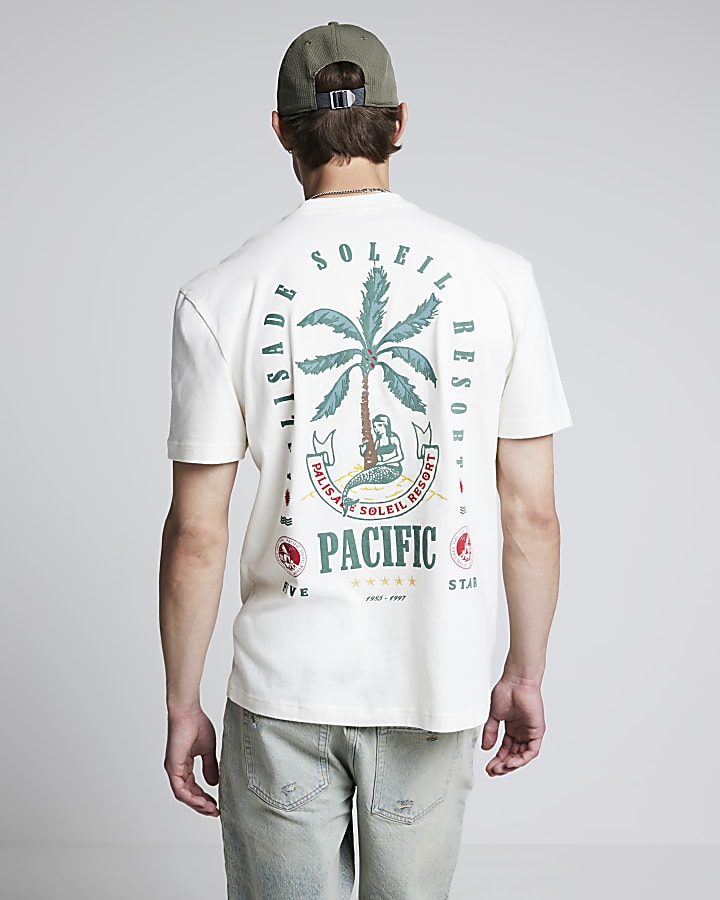 Beige regular fit palm tree graphic t-shirt