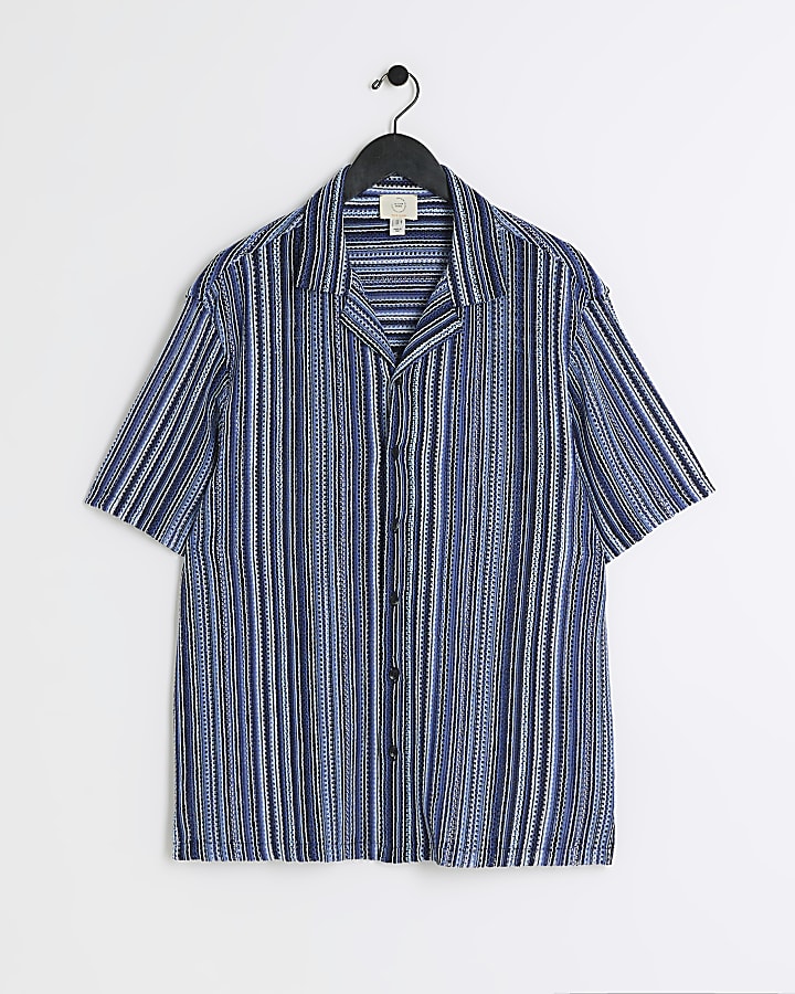 Blue regular fit crochet stripe revere shirt