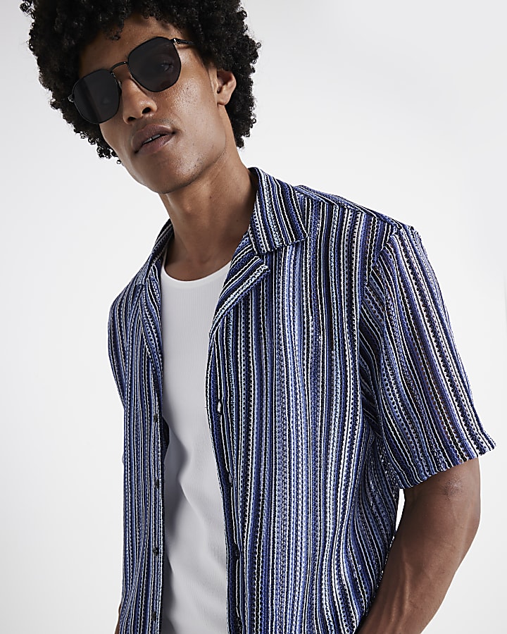 Blue regular fit crochet stripe revere shirt