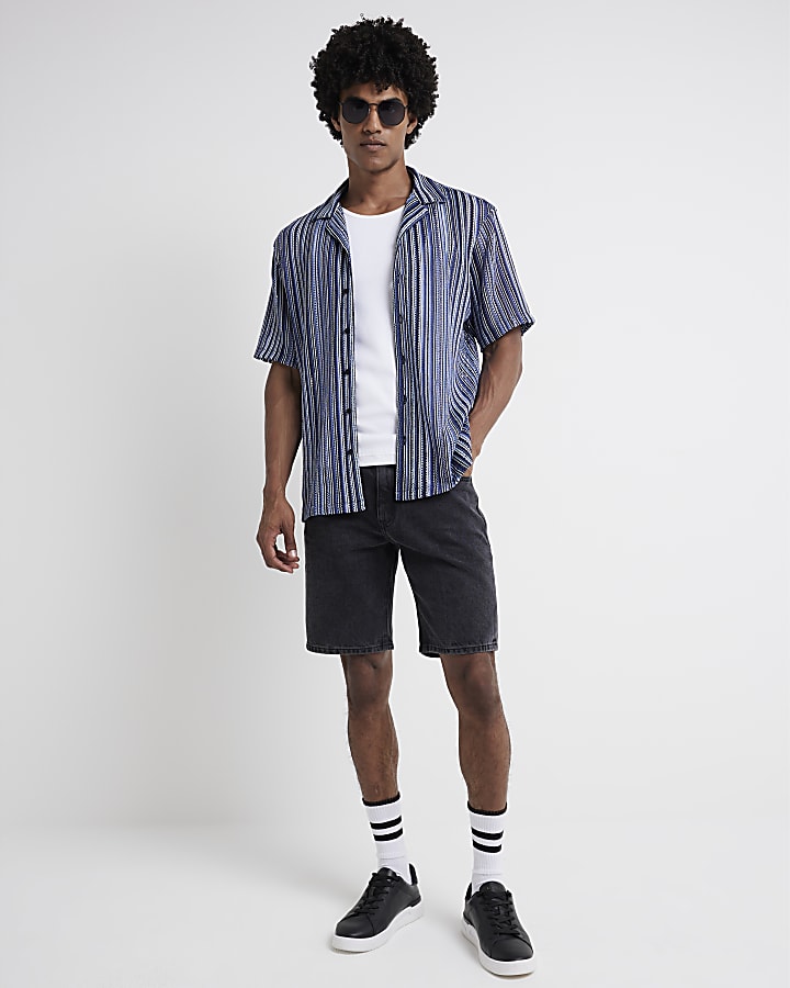 Blue regular fit crochet stripe revere shirt