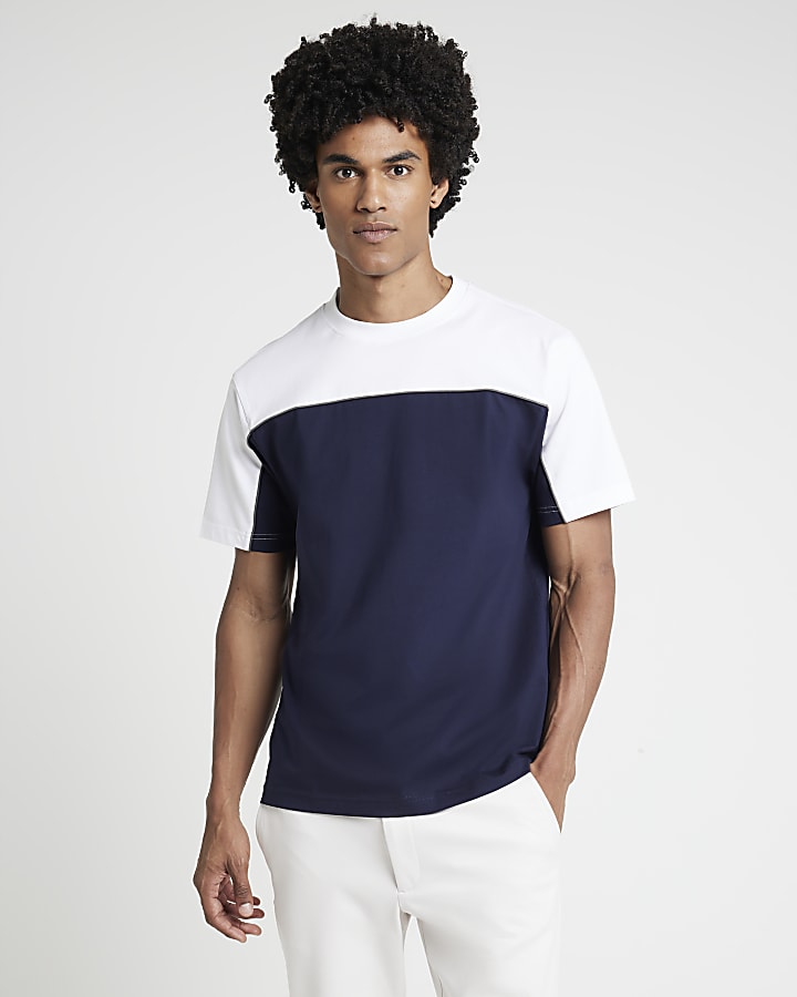 Navy regular fit colour block piping t-shirt