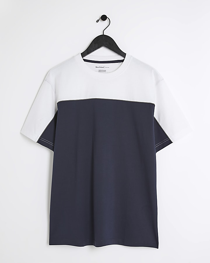 Navy regular fit colour block piping t-shirt