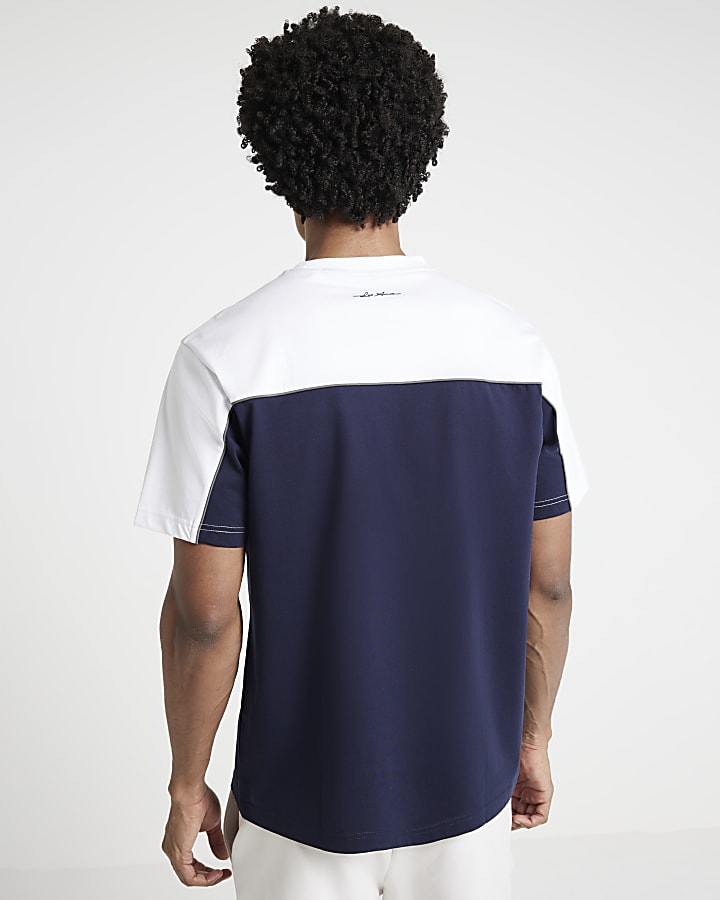 Navy regular fit colour block piping t-shirt