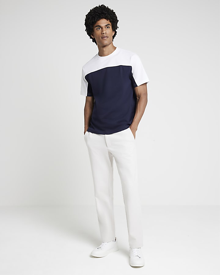 Navy regular fit colour block piping t-shirt