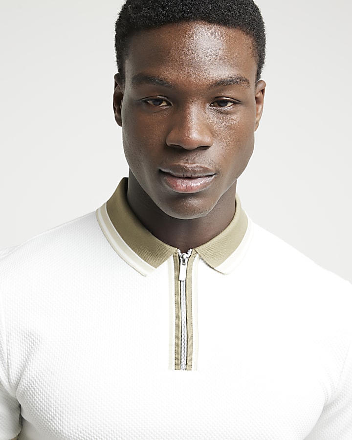 White slim fit textured taped Polo