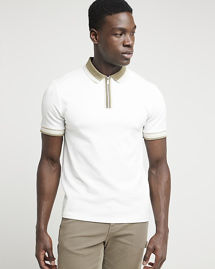 White slim fit textured taped Polo