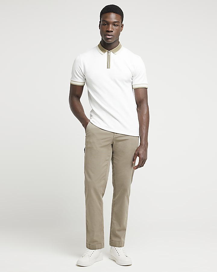 White slim fit textured taped Polo