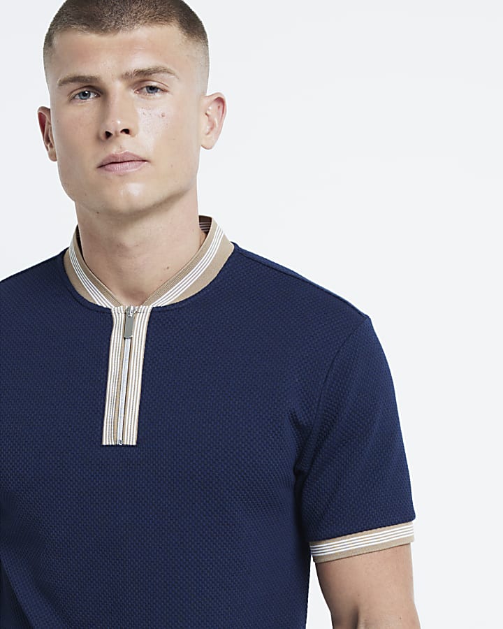 Navy slim fit stretch textured taped polo